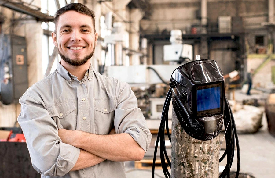 student smiling next to welding mask