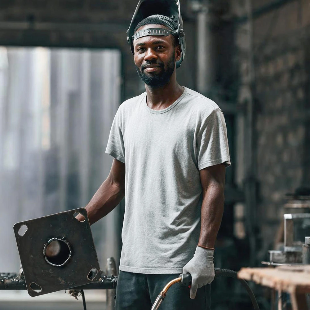 student wearing and holding welding gear
