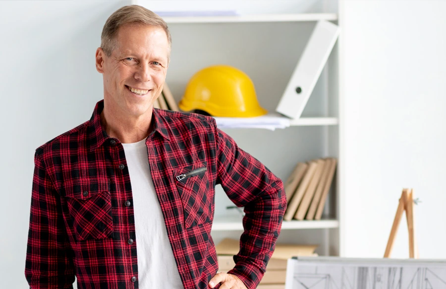 male in shirt smiling in the office