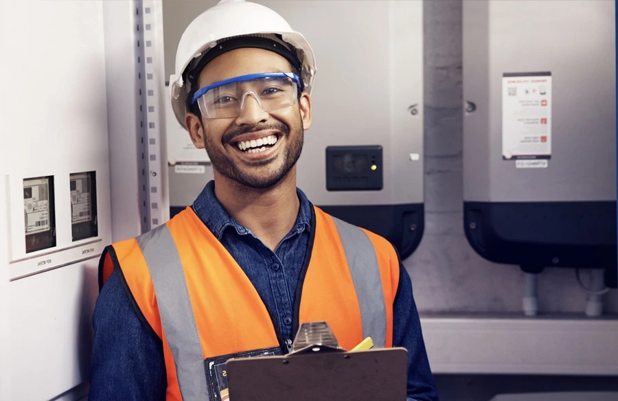 studet smiling and waring safety glasses and helmet