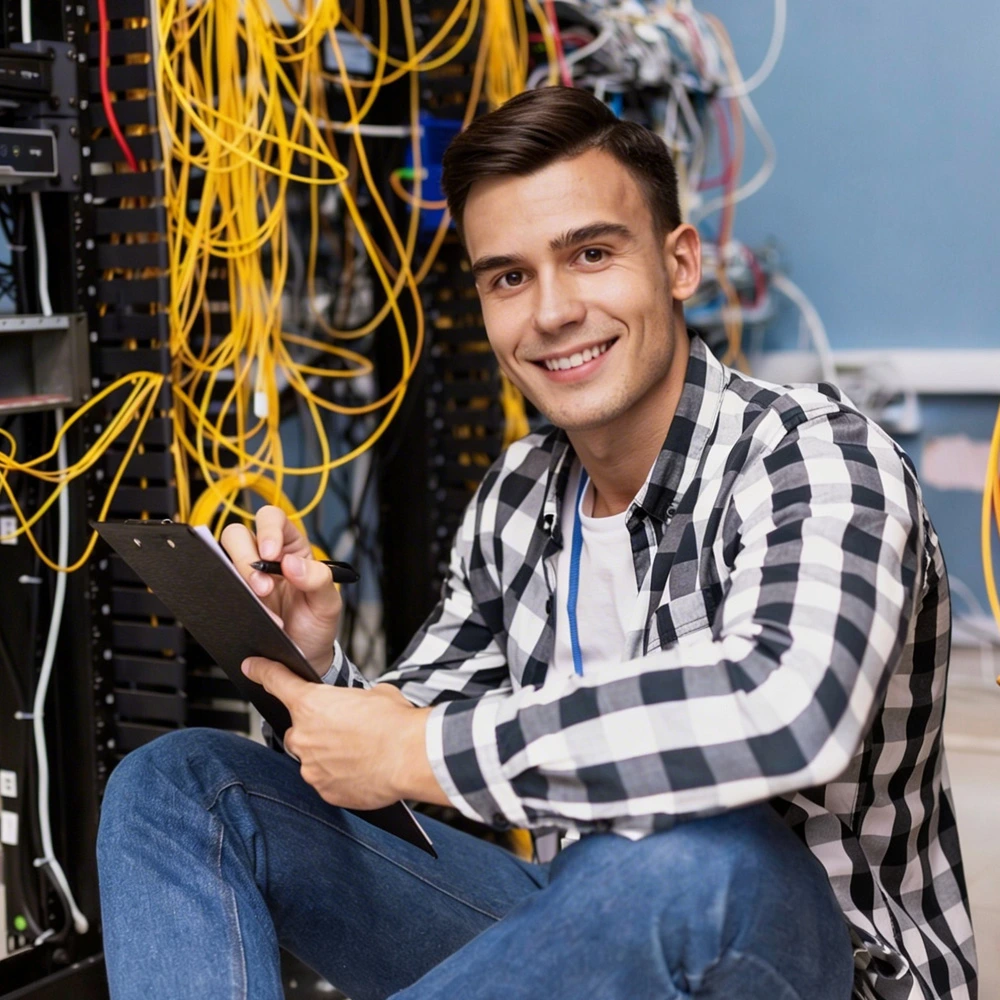 male smiling next to electric box with cables